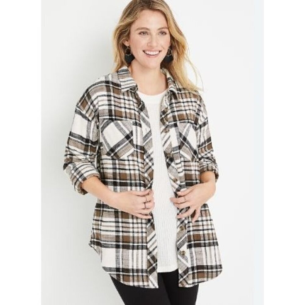 Maurices Brown & Black Cabin Plaid Boyfriend Long Sleeve Button Down XS